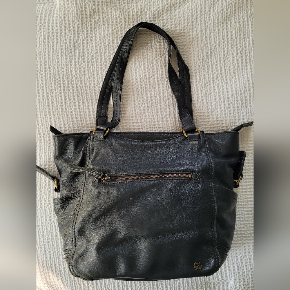 The Sak Black Leather Tote with Gold Accents